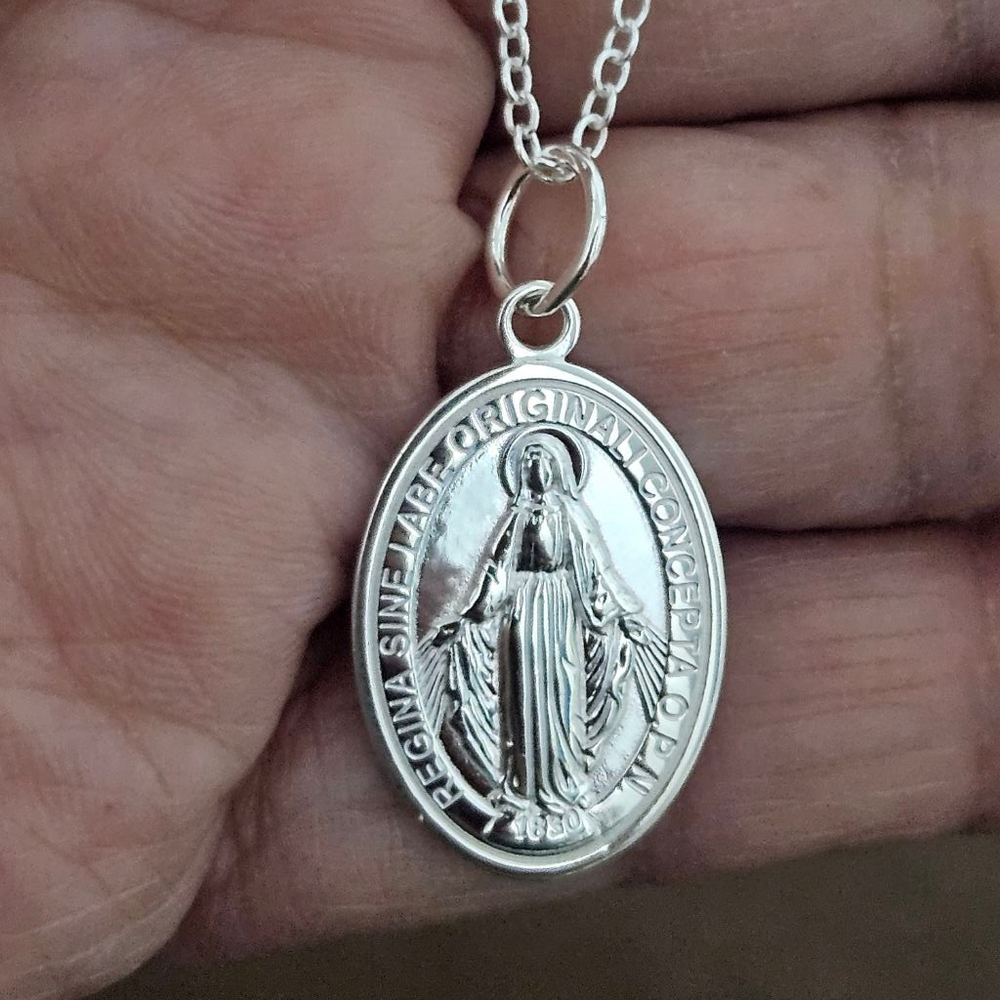 Sterling Silver Miraculous Medal Virgin Mary Necklace - Picture 8 of 8